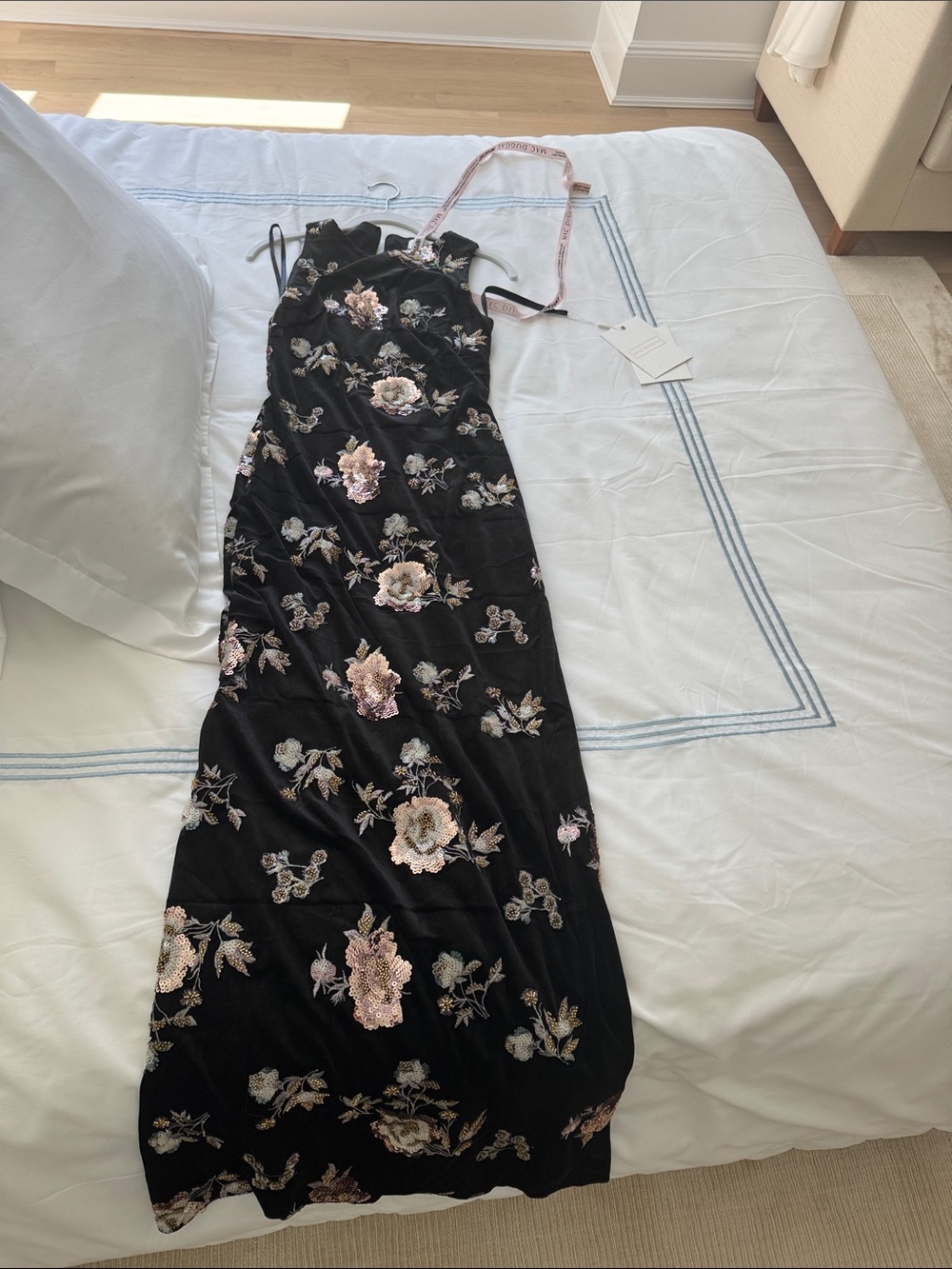 Mac Duggal Black Maxi Dress with Pink and Cream Floral Embroidery